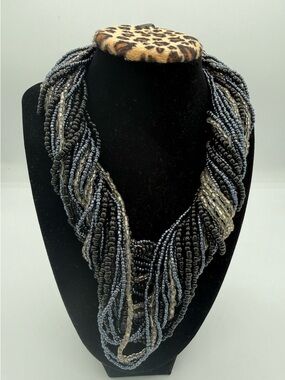 Multi-Strand Black and Silver Beaded Statement Necklace